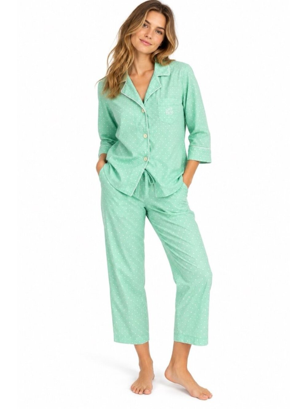 RALPH LAUREN 2 piece pajama set green polka dot LARGE loungewear sleep cotton